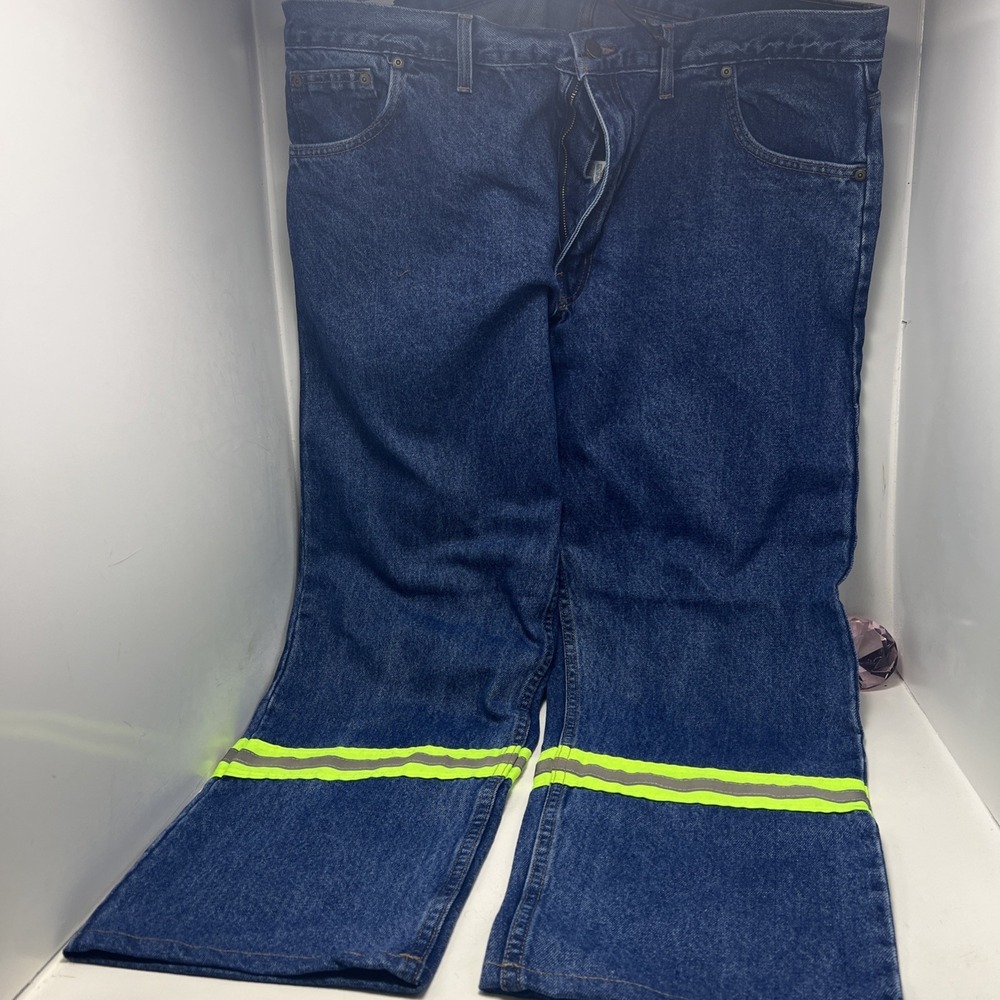 Big Bill Jeans Pants Workwear SZ 44x30 Reflective Leg Stripe Taper Legs Blue